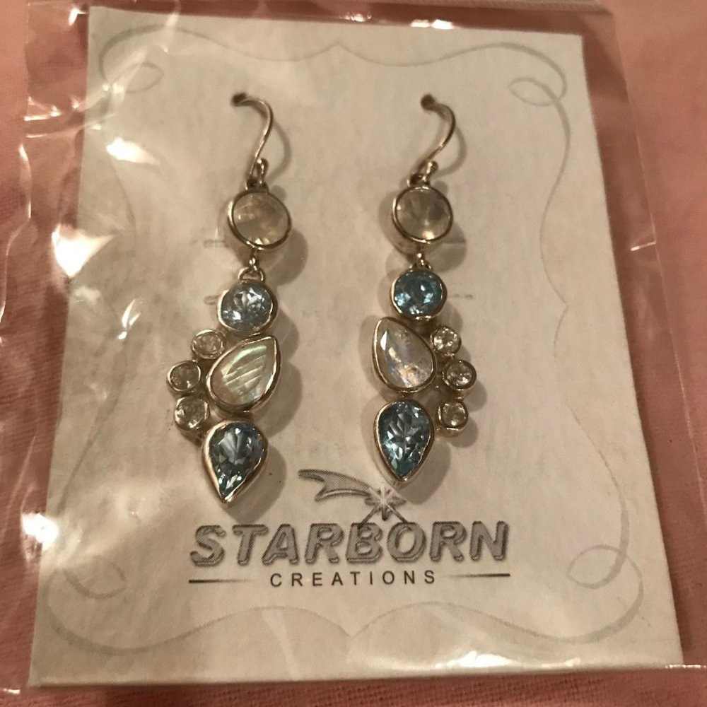 Starborn Blue Topaz Rainbow Moonstone Earrings